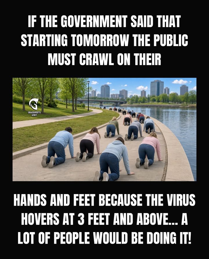 Grassroots Army graphic of people crawling on a sidewalk: &lsquo;If the government said that starting tomorrow the public must crawl on their hands and feet because the virus hovers at 3 feet and above, a lot of people would be doing it!&rsquo;